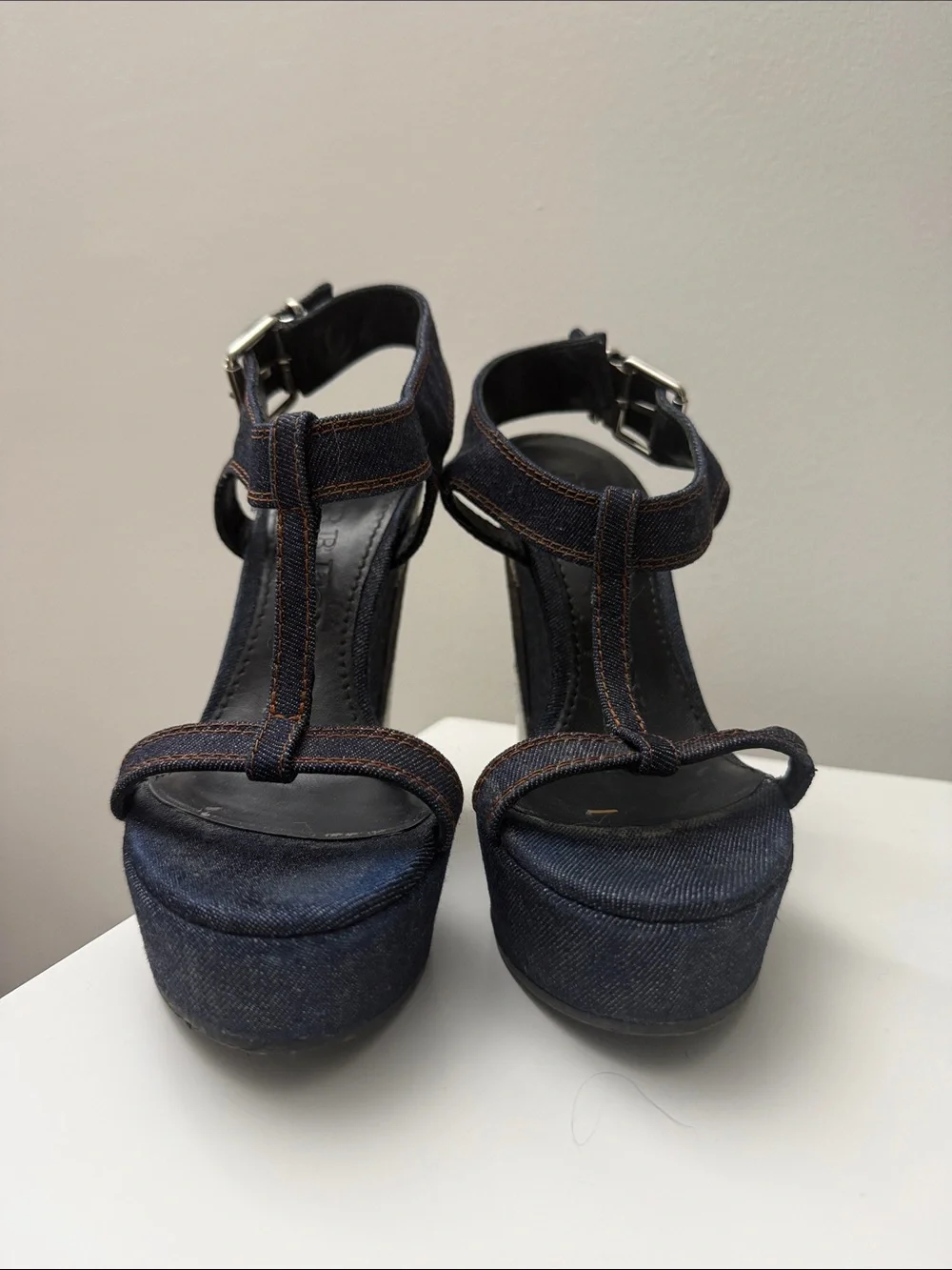 Burberry Denim Check Platform Wedge T-Strap Sandals EU 36 Made in Italy